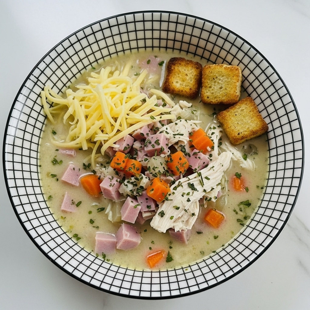 A white bowl with a black square pattern holds a creamy soup filled with pink ham chunks, white shredded chicken pieces, small orange carrot cubes, and green herb sprinkles. On one side, a small pile of pale yellow shredded cheese rests on top of the soup. Three golden-brown croutons sit partially submerged near the cheese. The bowl sits on a white marbled surface. photo taken with an iphone --ar 4:5 --v 7