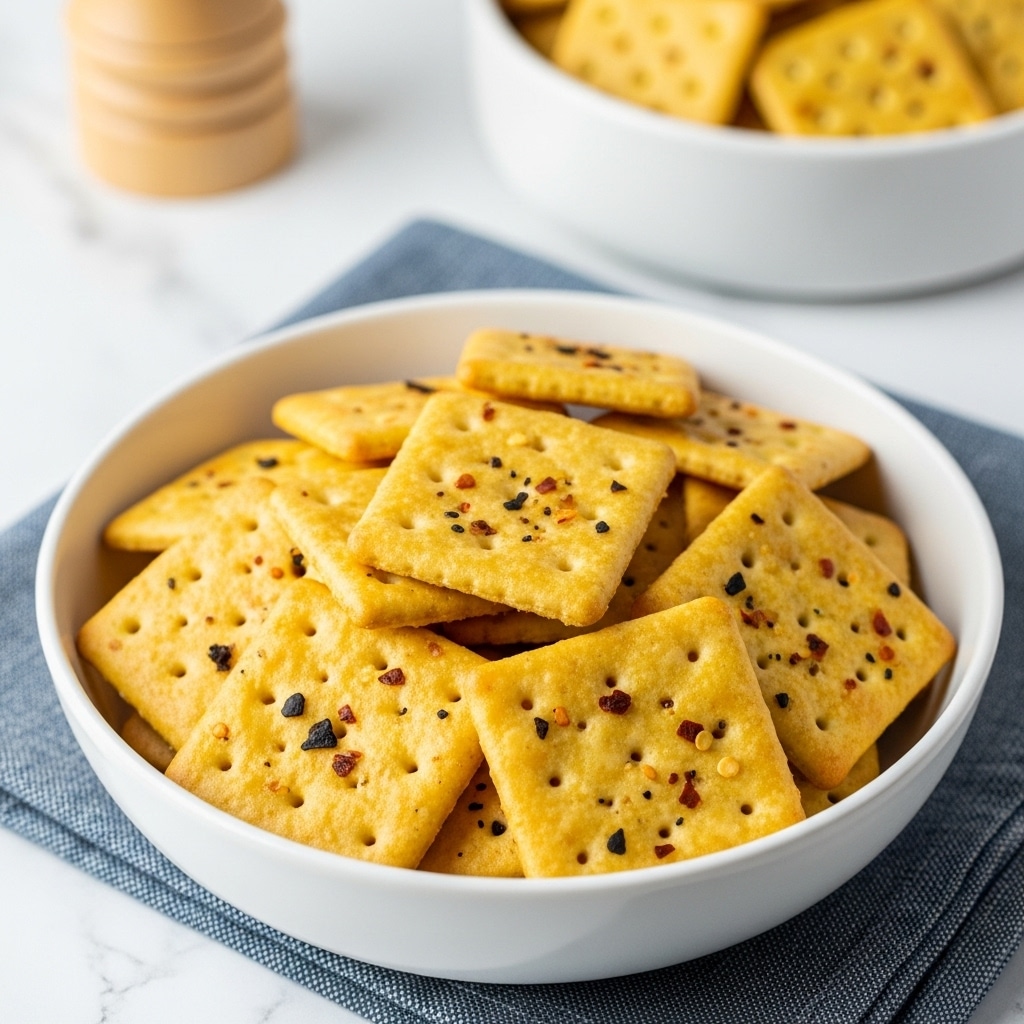 A white bowl filled with many square crackers stacked loosely; the crackers are golden yellow with visible brown toasted spots and sprinkled with small black and reddish chili flakes. The bowl is placed on a blue and white cloth over a white marbled surface. A blurry round white bowl filled with more crackers is in the background, along with a blurred pepper grinder. The image is bright with natural light and clear focus on the crackers in the bowl. photo taken with an iphone --ar 4:5 --v 7
