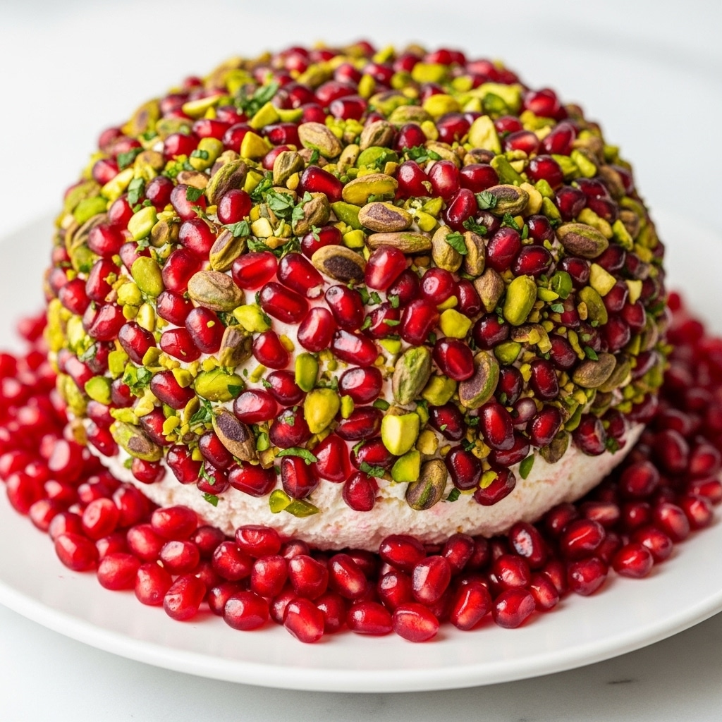 A large round cheese ball covered in a mixture of bright red pomegranate seeds, green chopped pistachios, and small green herb pieces, sitting in the middle of a white plate. The bottom edge of the cheese ball has some cream cheese showing through, slightly breaking the surface of the colorful nut and seed coating. Around the base of the cheese ball, loose shiny red pomegranate seeds are scattered on the plate, adding to the vibrant look. The dish is placed on a white marbled surface. Photo taken with an iphone --ar 4:5 --v 7