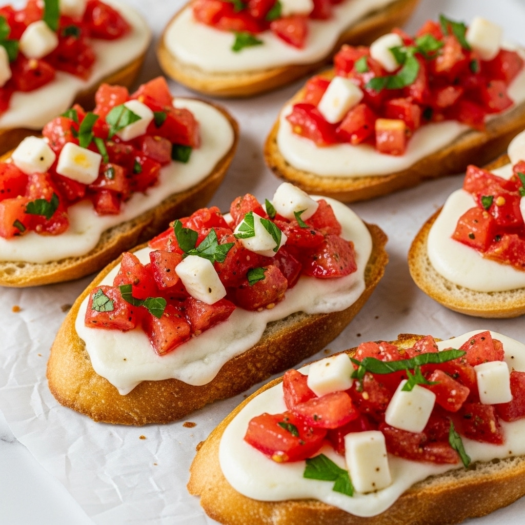 The image shows several pieces of toasted bread topped with melted white cheese and a colorful mix of diced red tomatoes and green herbs scattered on top. The bread slices are arranged close together on white parchment paper over a white marbled surface. The cheese looks soft and slightly melted, while the tomato and herb topping appears fresh and chunky, creating a bright contrast of red, white, and green colors. Photo taken with an iphone --ar 4:5 --v 7