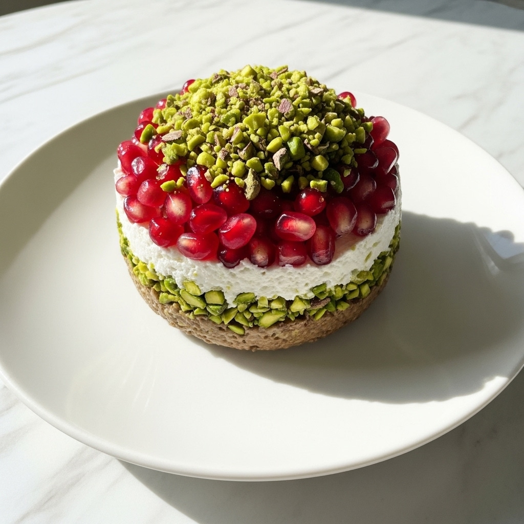 A round ball-shaped dish sits in the center of a white plate, covered with layers of chopped green pistachios and bright red pomegranate seeds mixed into a creamy white spread. The texture looks thick and chunky from the nuts and seeds, giving a colorful, rough surface over the smooth cream. The dish is on a white marbled table, with sunlight casting soft shadows that highlight the shiny red of the pomegranate seeds and the rough, broken look of the pistachios. photo taken with an iphone --ar 4:5 --v 7