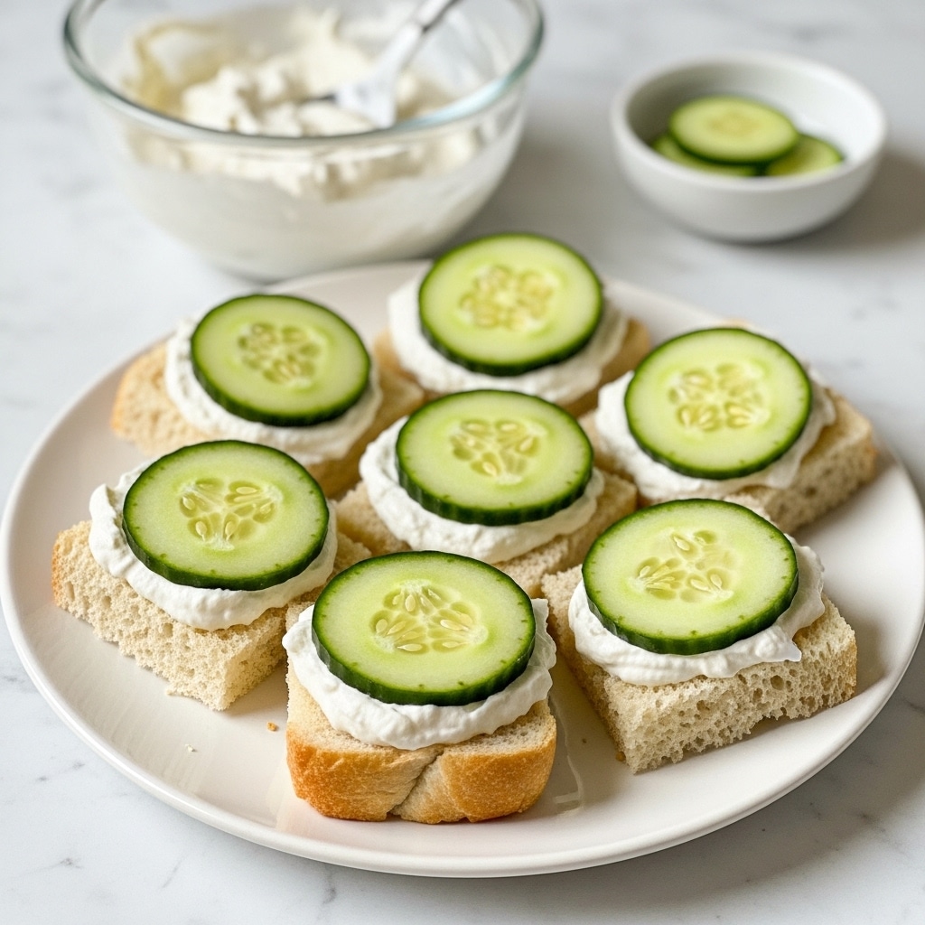 A white plate holds six small square pieces of bread, each topped with a thick white spread and a single round cucumber slice. The bread looks soft with a light brown crust. The white spread is creamy and evenly covers each bread piece, and the cucumber slices are fresh and green with visible seeds in the center. In the background, there is a glass bowl filled with a white creamy mixture and a white spoon inside it, placed on a white marbled surface. photo taken with an iphone --ar 4:5 --v 7