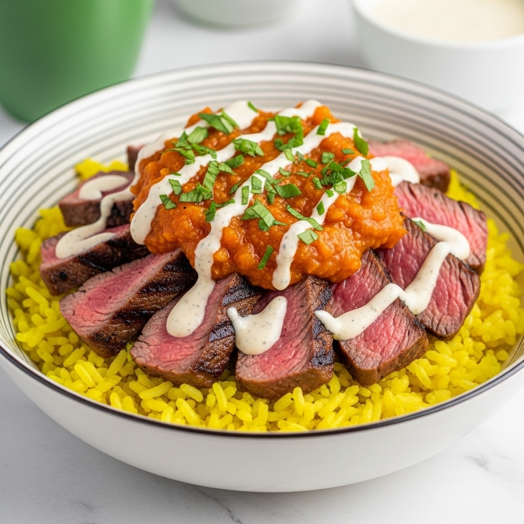 A white bowl filled with a base layer of bright orange rice, topped with sliced medium-rare steak pieces arranged in a spread-out layer showing the pink inside and charred edges. On top of the steak is a thick layer of white creamy sauce sprinkled with chopped green herbs. Bright orange sauce is drizzled over the cream, adding contrast. The bowl is set against a white marbled texture background. photo taken with an iphone --ar 4:5 --v 7