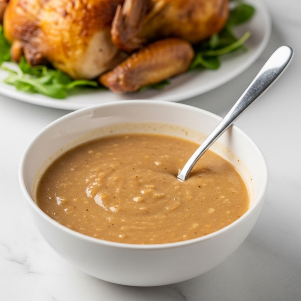 A white bowl filled with smooth, light brown gravy that has small bits in it. A silver spoon with a long handle rests inside the bowl, slightly angled. In the background, there is part of a golden-brown roasted chicken on a white plate with green garnish on a white marbled surface. Photo taken with an iphone --ar 4:5 --v 7