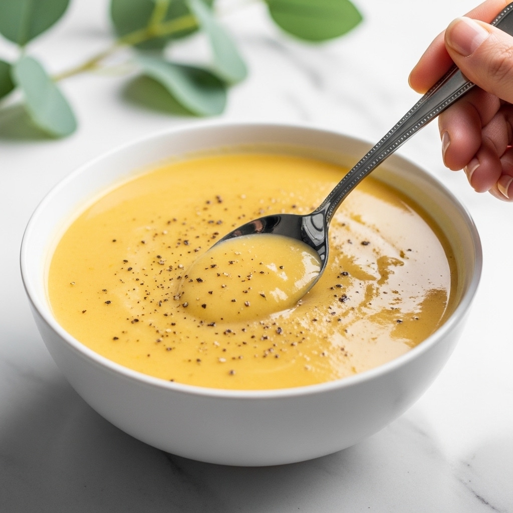 The image shows a white bowl filled with creamy yellow soup, speckled with small bits of black pepper floating on top. A silver spoon, held by a woman's hand, dips into the smooth soup, catching the light and showing the soup's thick texture. The bowl sits on a white marbled surface with some green leaves softly blurred in the background. photo taken with an iphone --ar 4:5 --v 7