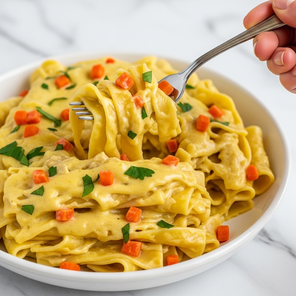 The image shows a close-up of creamy pasta with three visible layers of wide pasta noodles covered in a thick, pale yellow sauce. Small diced orange carrots and pieces of green herbs are scattered throughout, adding color contrast. A silver fork is lifting a bite of pasta from the white dish, with a woman's hand holding the fork. The background surface is a white marbled texture. Photo taken with an iphone --ar 4:5 --v 7