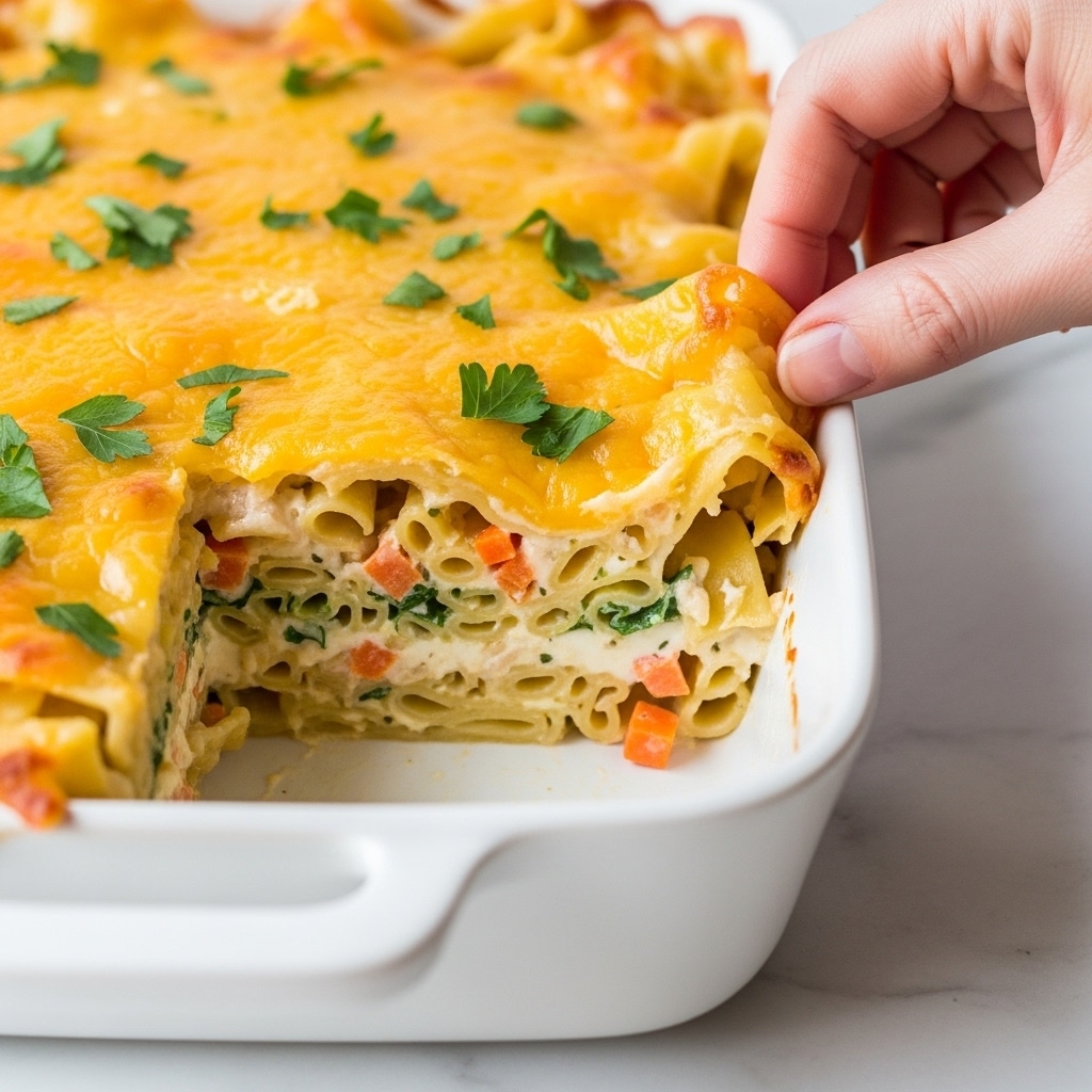 The image shows a close-up of a cheesy layered casserole in a white dish on a white marbled surface. The dish features several layers: a bottom layer of cream sauce with bits of vegetables, a middle layer of wide pasta strips mixed with small pieces of carrot and green herbs, and a top layer of melted golden-yellow cheese with fresh green parsley leaves sprinkled on top. A woman's hand is gently pulling back one corner, revealing the soft and creamy texture inside the casserole. Photo taken with an iphone --ar 4:5 --v 7