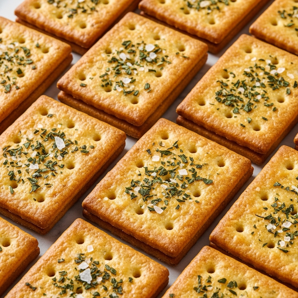 The image shows many small rectangular crackers stacked close together and overlapping on a white marbled surface. Each cracker has a golden-brown, crispy edge with a slightly lighter brown center that looks toasted. The top layer is sprinkled evenly with small green herbs and coarse salt, adding texture and color contrast. The crackers have tiny holes on their surface, giving them a patterned look. The overall scene is bright, highlighting the golden shades and speckled herb details on each cracker. Photo taken with an iphone --ar 4:5 --v 7