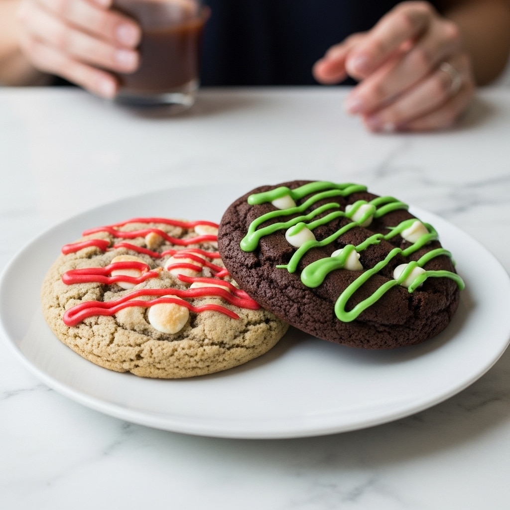 The image shows two cookies on a white plate placed on a white marbled surface. The cookie on the left has a rough texture with white chips and red drizzle on top, giving it a slightly cracked look. The cookie on the right is darker brown with a smoother texture and is decorated with white chips and a green drizzle, also lightly cracked. In the background, a woman's hand holds a glass, though it is blurred and not the main focus. Photo taken with an iphone --ar 4:5 --v 7