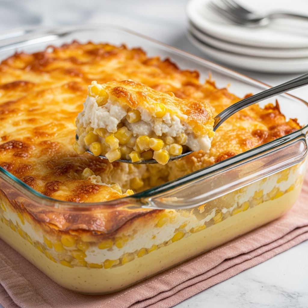 The image shows a clear glass baking dish filled with a creamy corn casserole with a golden, slightly browned, crispy top layer. The top layer has melted cheese with a bubbly, textured surface and some browned spots. A silver spoon lifts a scoop of the casserole, revealing two layers: a creamy white and yellow corn mixture layer beneath the crispy cheese topping. The baking dish sits on a red and white striped cloth on a white marbled surface, and in the background, there are stacked white plates with a fork on top. Photo taken with an iphone --ar 4:5 --v 7