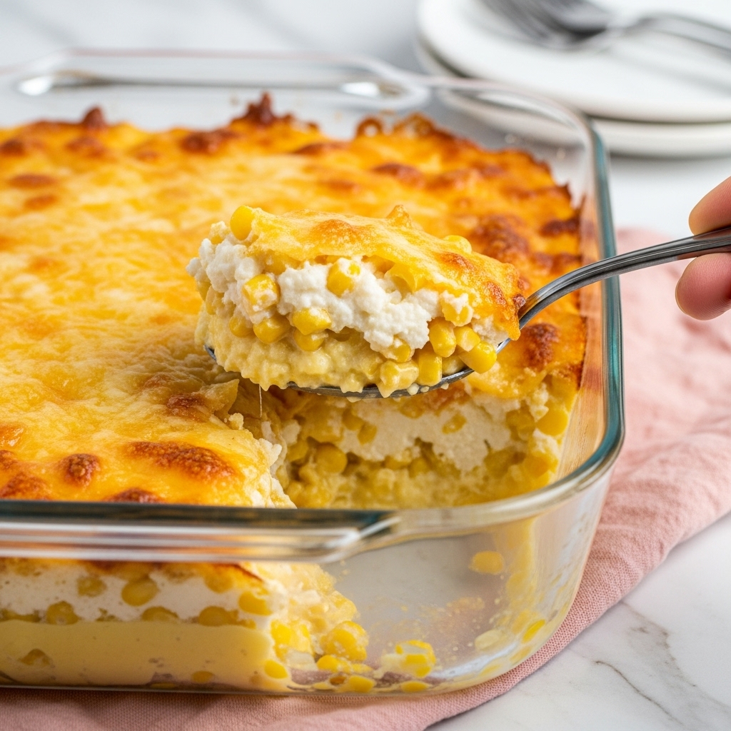 A clear glass baking dish filled with creamy corn casserole showing three visible layers: a rich, golden brown, slightly crispy top layer with melted cheese, a thick middle layer of creamy white cheese mixed with whole yellow corn kernels, and a soft yellow custard-like base layer beneath. A silver spoon is scooping out a portion from the dish, capturing all layers’s textures from crispy top, creamy middle to soft base. The dish sits on a pink cloth on a white marbled surface with a few stacked white plates and silver forks blurred in the background. Photo taken with an iphone --ar 4:5 --v 7
