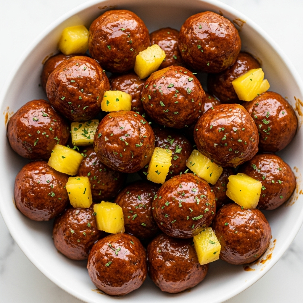 A white bowl filled with many round meatballs coated in a shiny dark brown sauce, each meatball sprinkled lightly with small green herb bits. Scattered between the meatballs are pieces of bright yellow pineapple chunks, contrasting with the rich brown color of the meatballs and sauce. The texture of the sauce on the meatballs is glossy and thick, making them look juicy and well-coated. The background is a white marbled texture. photo taken with an iphone --ar 4:5 --v 7