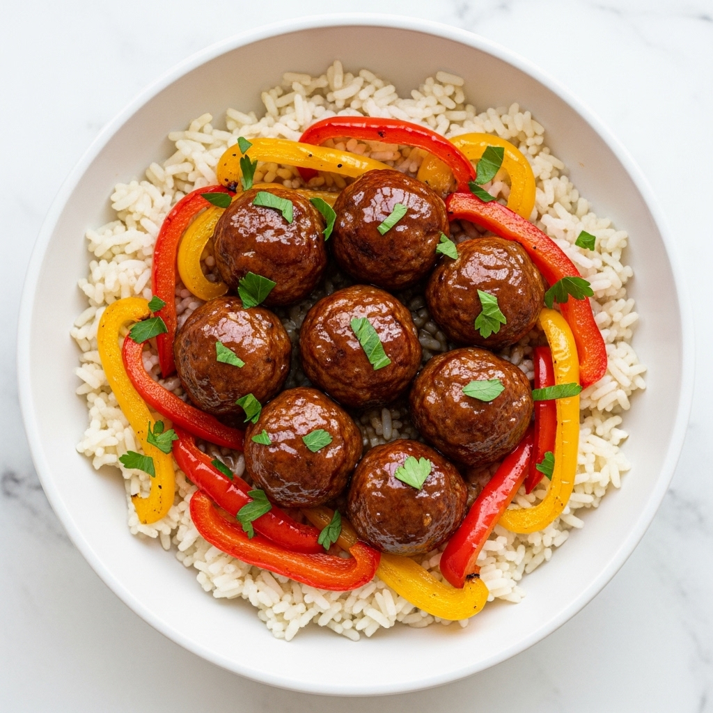 A white bowl filled with a base layer of fluffy white rice, topped with several glossy, brown glazed meatballs arranged in the center. Surrounding the meatballs are chopped pieces of red and yellow bell peppers with a shiny, cooked texture. Small green parsley leaves are sprinkled evenly over the meatballs and peppers, adding a fresh touch. The bowl sits on a white marbled surface. photo taken with an iphone --ar 4:5 --v 7
