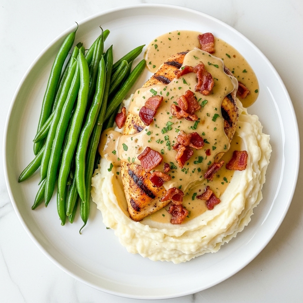 The image shows a white plate with a meal of three parts arranged clearly. At the bottom right, there is a layer of creamy mashed potatoes, white with soft, smooth texture and slight peaks. On top of the mashed potatoes, centered, lies a grilled chicken breast, golden brown with visible grill marks and a crispy texture. Covering the chicken is a layer of light brown creamy gravy sprinkled with small green herbs and topped with crispy, dark red-brown bacon bits scattered generously. To the left side of the plate, a neat row of bright green steamed green beans with a shiny surface adds a fresh contrast. The whole plate is set on a white marbled surface. photo taken with an iphone --ar 4:5 --v 7