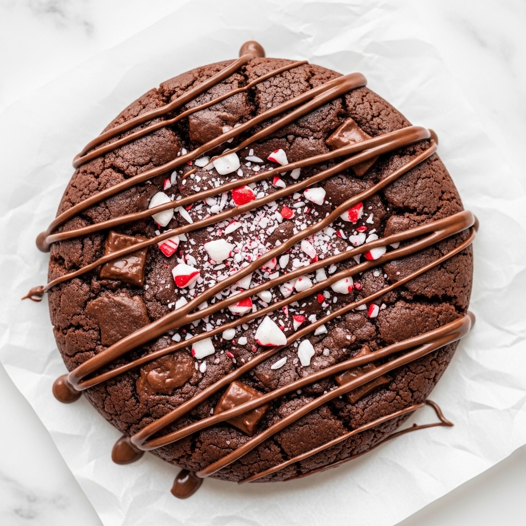 A single round chocolate cookie with a cracked surface sits on white parchment, covered with thin diagonal drizzles of melted chocolate. The top is sprinkled with small pieces of red and white crushed peppermint candy, creating a festive look. The cookie appears thick and dense, with a rich dark brown color capturing the texture of baked dough and chunks of chocolate inside. The whole scene is set on a white marbled background. photo taken with an iphone --ar 4:5 --v 7
