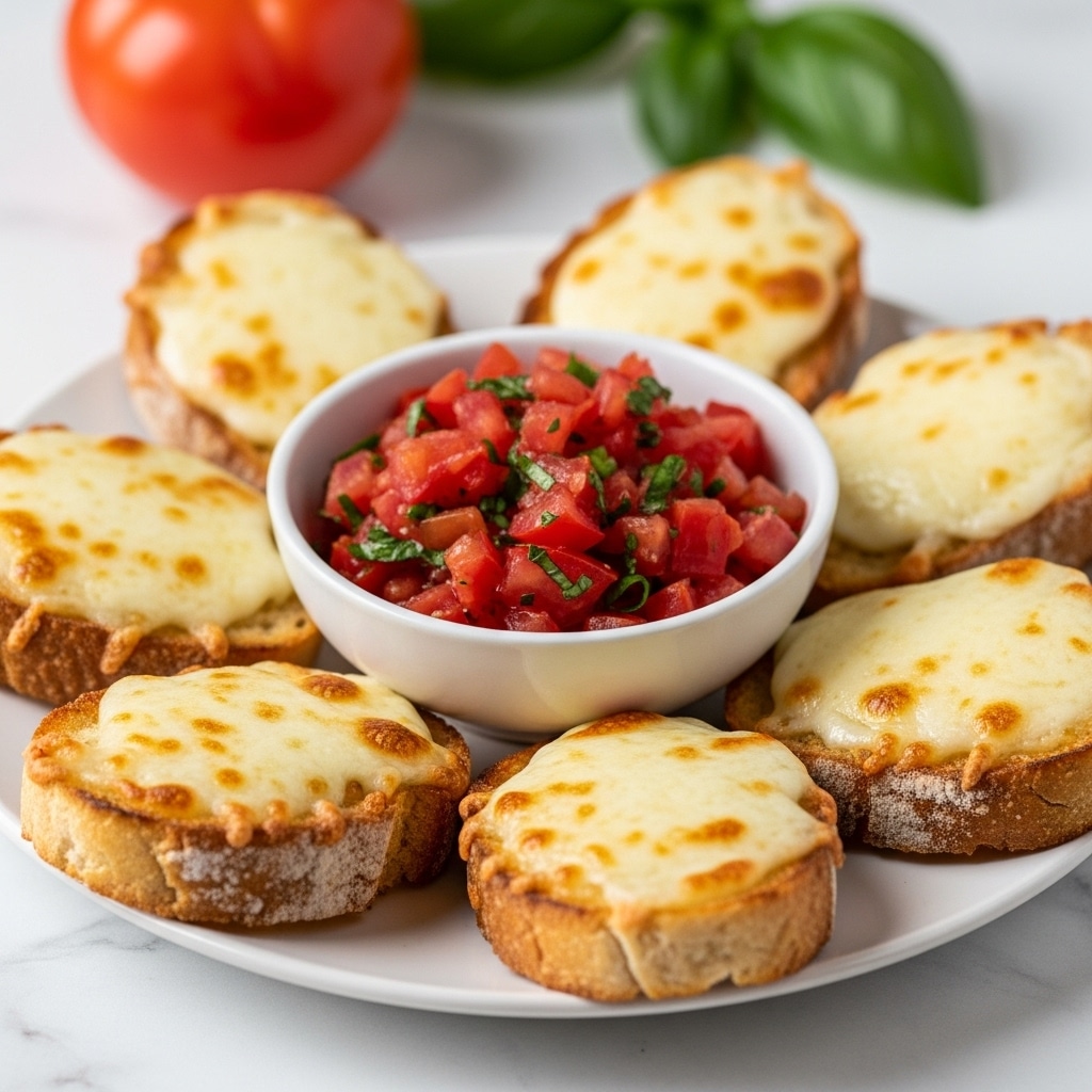 A white plate on a white marbled surface holds several slices of toasted bread topped with melted, slightly browned cheese, arranged around a small white bowl filled with bright red tomato salsa mixed with small green herb pieces. The toasted bread slices are golden brown at the edges and stacked loosely around the bowl, showing a rough texture with gooey cheese on top. In the background, a blurred tomato and a green leaf add soft color contrast. photo taken with an iphone --ar 4:5 --v 7