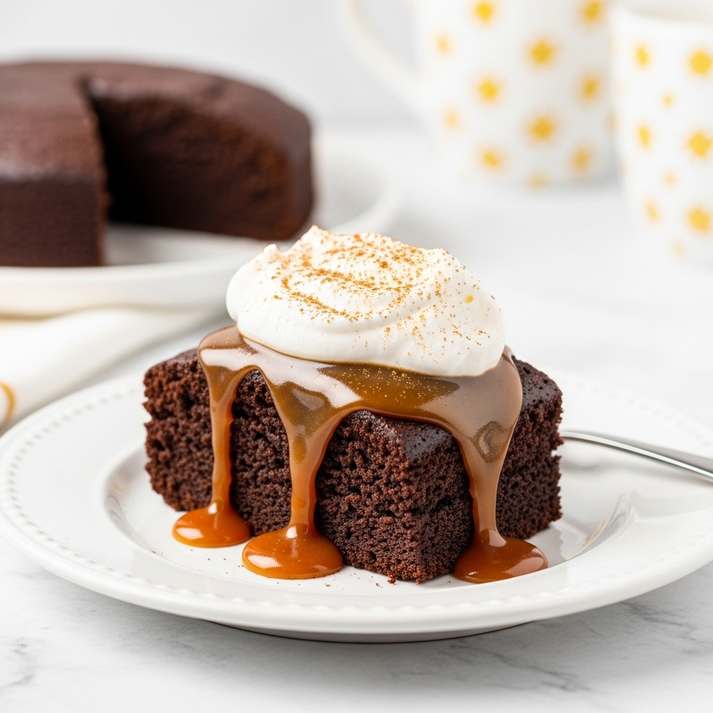 A slice of dark brown, moist chocolate cake sits on a white plate with intricate designs, topped with a thick layer of shiny dark chocolate sauce that drips down the sides. On top of the sauce is a generous dollop of white whipped cream sprinkled lightly with brown cinnamon or cocoa powder. The plate rests on a wooden surface, with a silver fork partially visible on the left side. A blurred slice of cake and a white mug with a light brown streak are seen in the soft background. Photo taken with an iphone --ar 4:5 --v 7