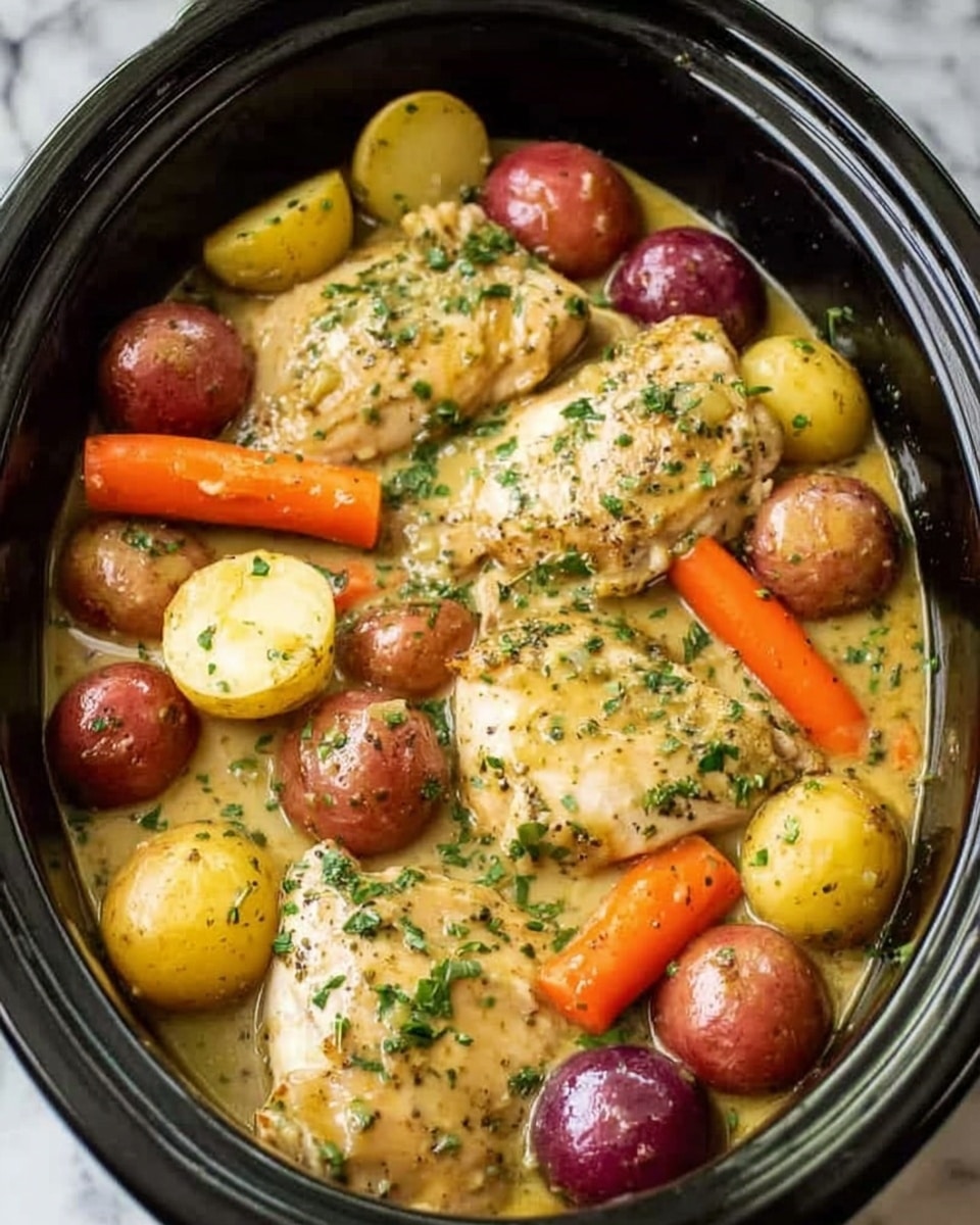 The image shows a white oval dish filled with a rich brown gravy covering a large piece of cooked chicken in the center. Surrounding the chicken are whole and halved small potatoes in yellow and red colors, as well as thick slices of cooked orange carrots. The gravy has small herbs scattered throughout, giving it a speckled texture. Some green herb pieces are sprinkled on top of the chicken for garnish. The dish sits on a white marbled surface that adds a clean, bright contrast to the warm tones of the food. Photo taken with an iphone --ar 4:5 --v 7