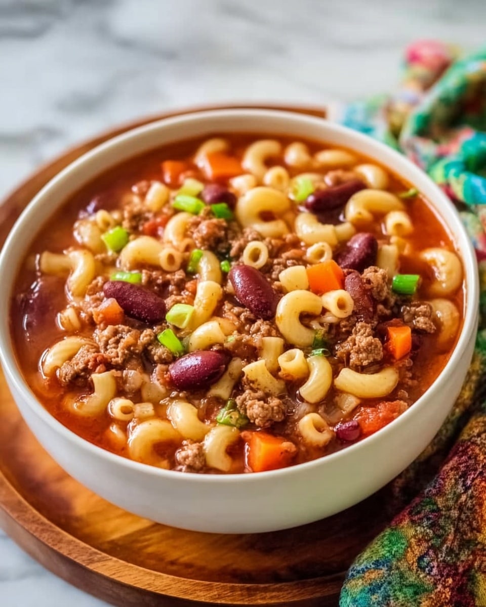 A white bowl filled with a layered dish of macaroni pasta, ground meat, red kidney beans, and diced orange carrots in a thick reddish-brown broth. The top layer shows whole elbow macaroni with mixed beans and small green onion pieces scattered across. The bowl sits on a round wooden board placed on a white marbled surface, with a colorful cloth partially visible at the edge. Photo taken with an iphone --ar 4:5 --v 7