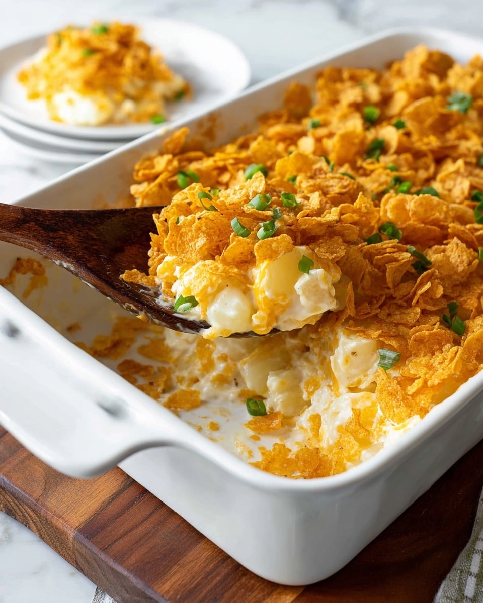 The dish shows a white plate with a layered casserole portion centered on it. The bottom layer consists of golden, crispy cracker pieces mixed with diced white potatoes, topped with smooth melted cheese that coats the ingredients and has a light gooey texture. Small green chopped onions are sprinkled on top for contrast. The scene includes a small white bowl with extra green onions in the background, and a white baking dish partially filled with the same casserole is on the side, placed on a cork mat. The whole setup rests on a white marbled surface. photo taken with an iphone --ar 4:5 --v 7