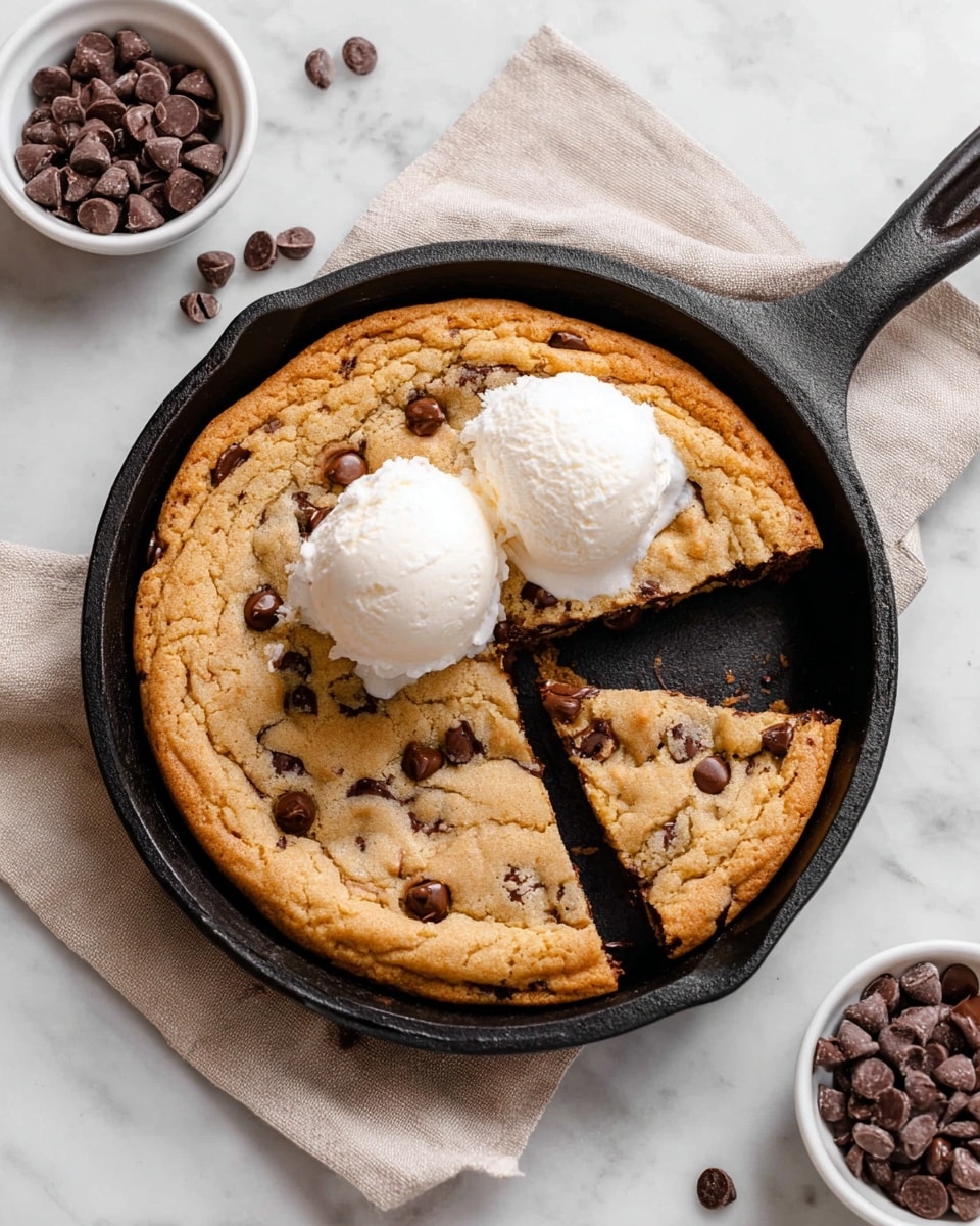 A round golden-brown chocolate chip cookie is baked in a black cast iron skillet, showing a soft and slightly crispy texture with scattered chocolate chips throughout. Two scoops of smooth white vanilla ice cream rest on top of the cookie near the cut-out slice, which reveals a soft, moist interior with melted chocolate inside. The skillet sits on a light beige cloth atop a white marbled surface, with a small white bowl filled with chocolate chips placed nearby, and some chips scattered on the surface. photo taken with an iphone --ar 4:5 --v 7