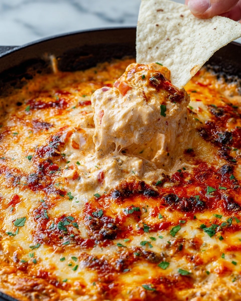 A close-up view of a thick, creamy dip in a black pan on a white marbled surface, showing multiple layers: the base is a smooth, beige cheese mixture with bits of red and green vegetables, topped with a second layer of melted golden-orange cheese mixed with red sauce that creates a marbled effect, sprinkled with chopped green herbs; a woman’s hand holding a large triangular white chip is dipping into the middle, lifting a chunky scoop of the creamy, cheesy dip that has a rich texture with visible pieces of vegetables and sauce blending with the melted cheese on the surface; the cheese on top is gooey and stretchy, slightly browned in spots with a glossy sheen. photo taken with an iphone --ar 4:5 --v 7
