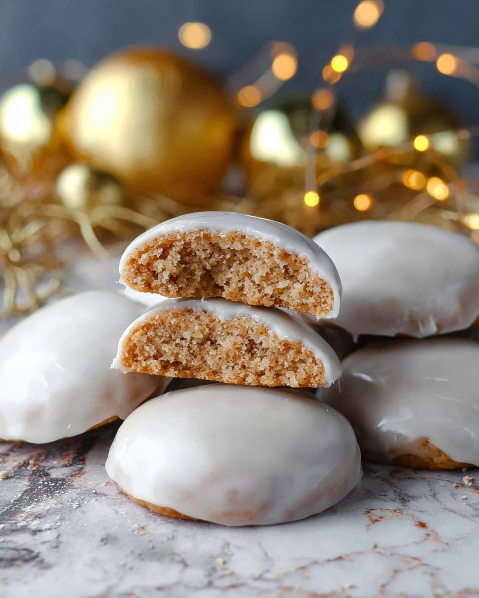 A white, star-shaped bowl sits on a white marbled surface, filled with round cookies covered in smooth, pale icing. One cookie is positioned at the top of the bowl, broken in half to show its soft, crumbly, light brown inside. Around the bowl, several whole iced cookies are scattered, some dusted lightly with powdered sugar. In the background, there are two large gold Christmas ornaments and a few small warm fairy lights creating a festive atmosphere. Photo taken with an iphone --ar 4:5 --v 7