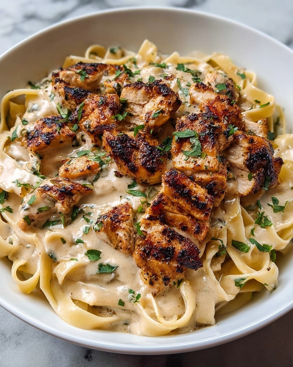 A white bowl filled with a base layer of creamy fettuccine pasta coated in a light beige sauce, topped with multiple pieces of golden-brown grilled chicken that have a charred, crispy texture. The sauce covers part of the pasta and chicken, and fresh green herbs are scattered on top, adding a touch of color contrast against the creamy and brown tones. The bowl sits on a white marbled textured surface. photo taken with an iphone --ar 4:5 --v 7