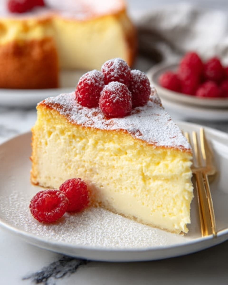 The image shows a round baked cheese tart on a white plate placed on a white marbled surface. The crust is golden brown and thick, with a slightly crimped edge. The filling has a creamy yellow color with a smooth texture, while one side is darker brown, showing a baked layer with a slight shine. In the background, there are soft-focused fresh strawberries and raspberries in a white bowl. The lighting is soft and natural, emphasizing the warm tones of the tart. Photo taken with an iphone --ar 4:5 --v 7