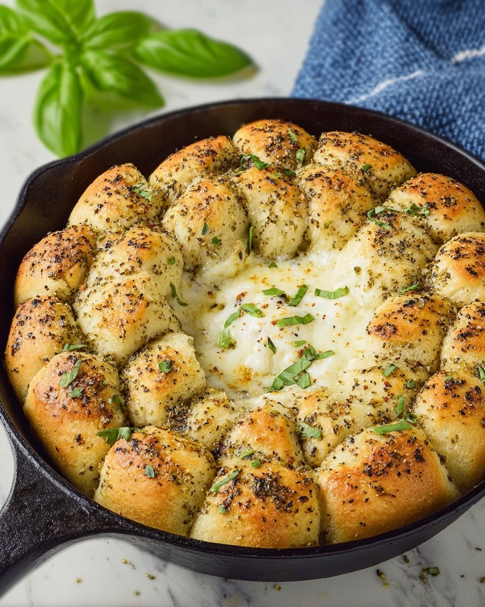 A black skillet filled with golden brown baked dough balls arranged in a circular pattern, each ball topped with green herbs. In the center, there is a creamy white cheese dip melting slightly, creating a smooth texture. A woman's hand is pulling one dough ball away from the skillet, showing the soft inside. The skillet is placed on a white marbled surface with some green basil leaves in the background and a striped cloth nearby. photo taken with an iphone --ar 4:5 --v 7