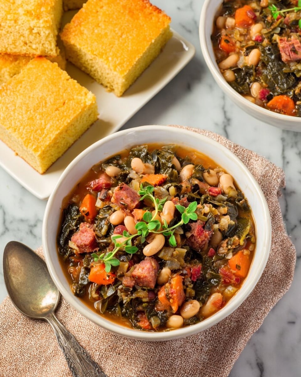The image shows a white bowl full of thick stew with visible layers of ingredients, including dark green leafy vegetables, white beans, orange carrot chunks, and pieces of red meat, topped with small green herb leaves for garnish. Next to it, there is a white rectangular plate holding three thick square slices of golden cornbread with a slightly crispy crust. The scene is set on a white marbled surface with a piece of light brown textured cloth under the bowl, accompanied by a vintage silver spoon on the side. Another similar bowl of stew is partially visible in the background. photo taken with an iphone --ar 4:5 --v 7