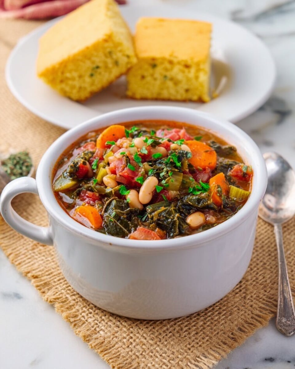 A white bowl with a handle is filled with a colorful vegetable stew showing multiple layers: bright orange carrot slices, soft white beans, dark green leafy vegetables, and small red tomato pieces, all mixed in a slightly thick broth. The stew is topped with fresh chopped green herbs. Behind the bowl, two pieces of golden cornbread with a soft texture sit on a white plate. A silver spoon lies next to the bowl on a woven beige mat, all placed on a white marbled surface. Photo taken with an iphone --ar 4:5 --v 7
