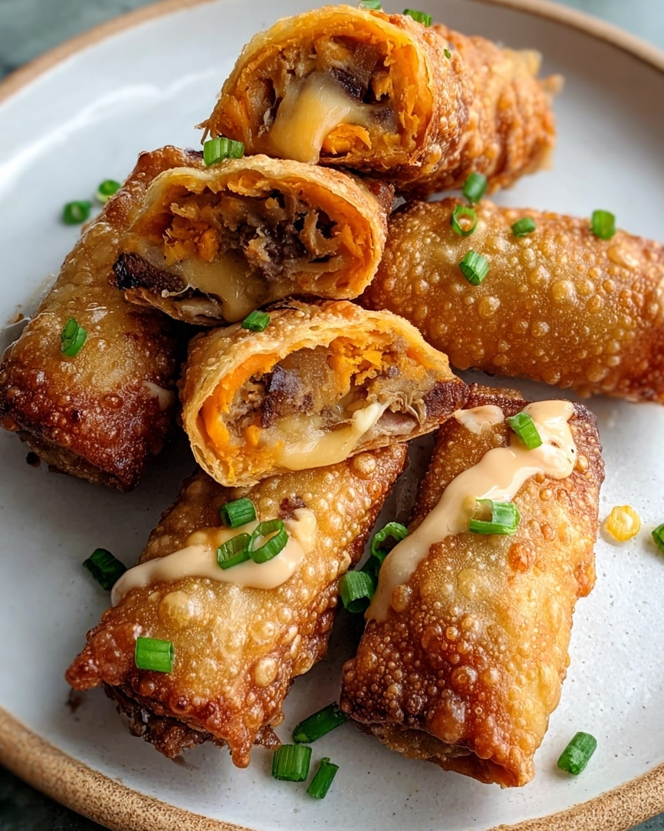 The image shows four crispy golden-brown egg rolls arranged on a white round plate with a white marbled surface in the background. Two egg rolls are whole, showing a crunchy, bubble-textured outside, while two others are cut open, revealing layers of filling inside: a bright orange layer of sweet potato or similar, a brown layer of meat or beans, and a gooey melted cheese layer that looks stretchy and creamy. A light drizzle of beige sauce adds contrast on the outside of the egg rolls. Chopped green onions are sprinkled on top and around the egg rolls for a fresh, bright finishing touch. photo taken with an iphone --ar 4:5 --v 7