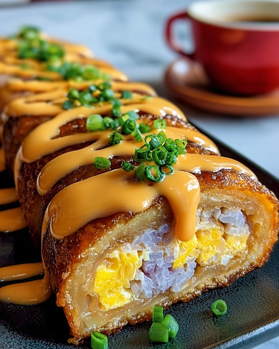 The image shows a close-up of a sliced food roll on a dark plate, placed on a white marbled surface. The roll has about three visible layers: a crispy, golden-brown outer crust that looks well-cooked and slightly shiny; inside, a soft, crumbly layer with colors of light purple and white, which could be a mix of rice and other ingredients; and a bright yellow layer in the center, likely egg yolk. The roll is topped with a thick, creamy orange sauce drizzled evenly along its length, and small pieces of chopped green onion are scattered on top for color and texture. A blurred background shows a white cup and a red object that might be food, adding to the scene’s depth. photo taken with an iphone --ar 4:5 --v 7