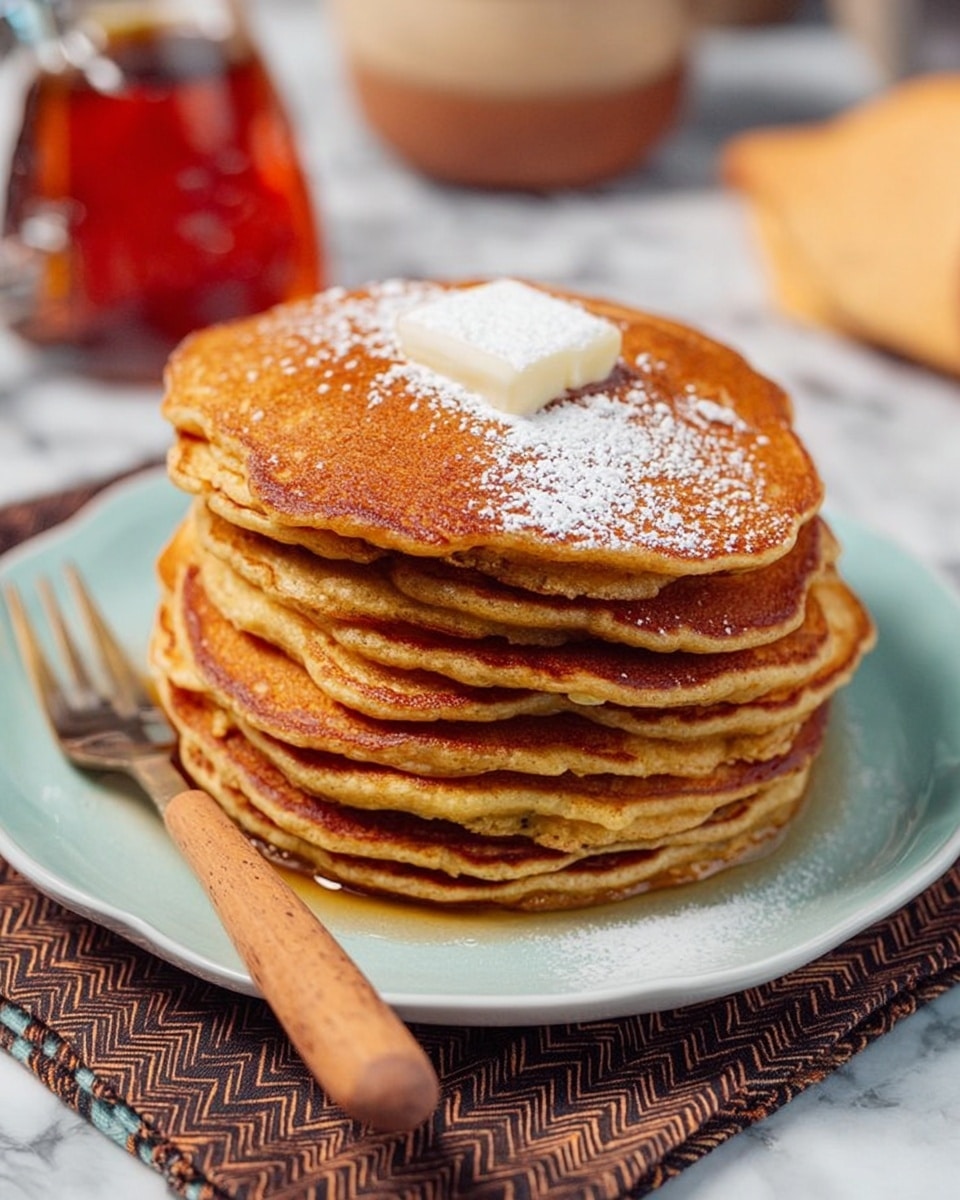 A tall stack of seven golden-brown pancakes sits on a white plate with a light blue inner surface, each pancake showing slightly crispy edges and fluffy texture. On top of the stack is a melting square of white butter dusted lightly with powdered sugar. A wooden-handled fork rests against the plate’s edge, and the plate is placed on a dark brown zigzag patterned cloth over a white marbled surface. In the soft background, there is a jar of syrup with a brown top and a blurred piece of bread. photo taken with an iphone --ar 4:5 --v 7