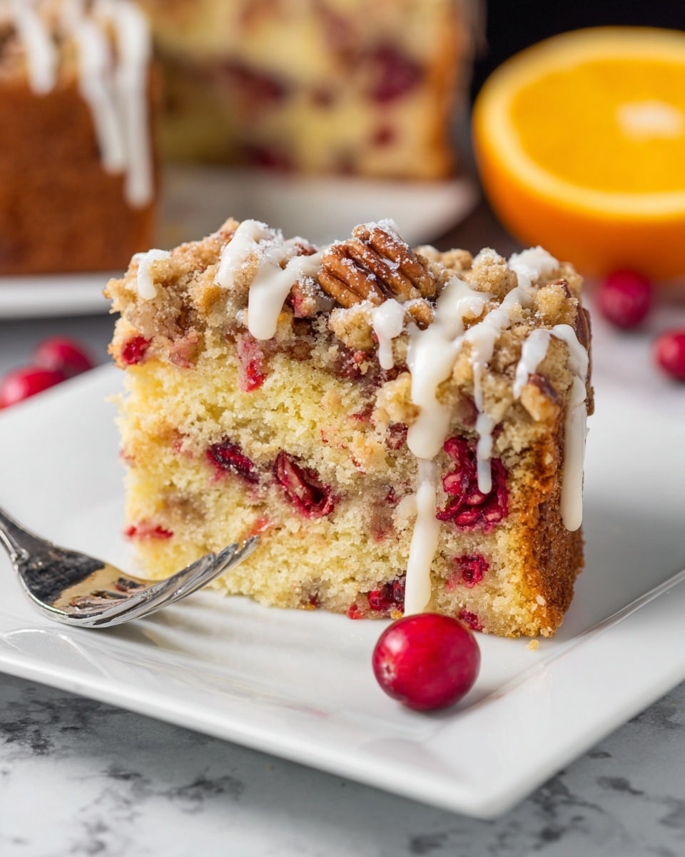 A slice of crumb cake with three visible layers sits on a white square plate on a white marbled texture. The bottom layer is a light yellow cake speckled with red cranberries and bits of nuts, the middle layer is the same inside cake but with more cranberries and nuts, and the top layer is a golden brown crumbly topping with small chunks of pecans. White icing is drizzled unevenly across the crumb topping, and a red cranberry rests near the base of the slice by a silver fork. In the background, part of an orange half and a blurred portion of another crumb cake slice are visible. photo taken with an iphone --ar 4:5 --v 7