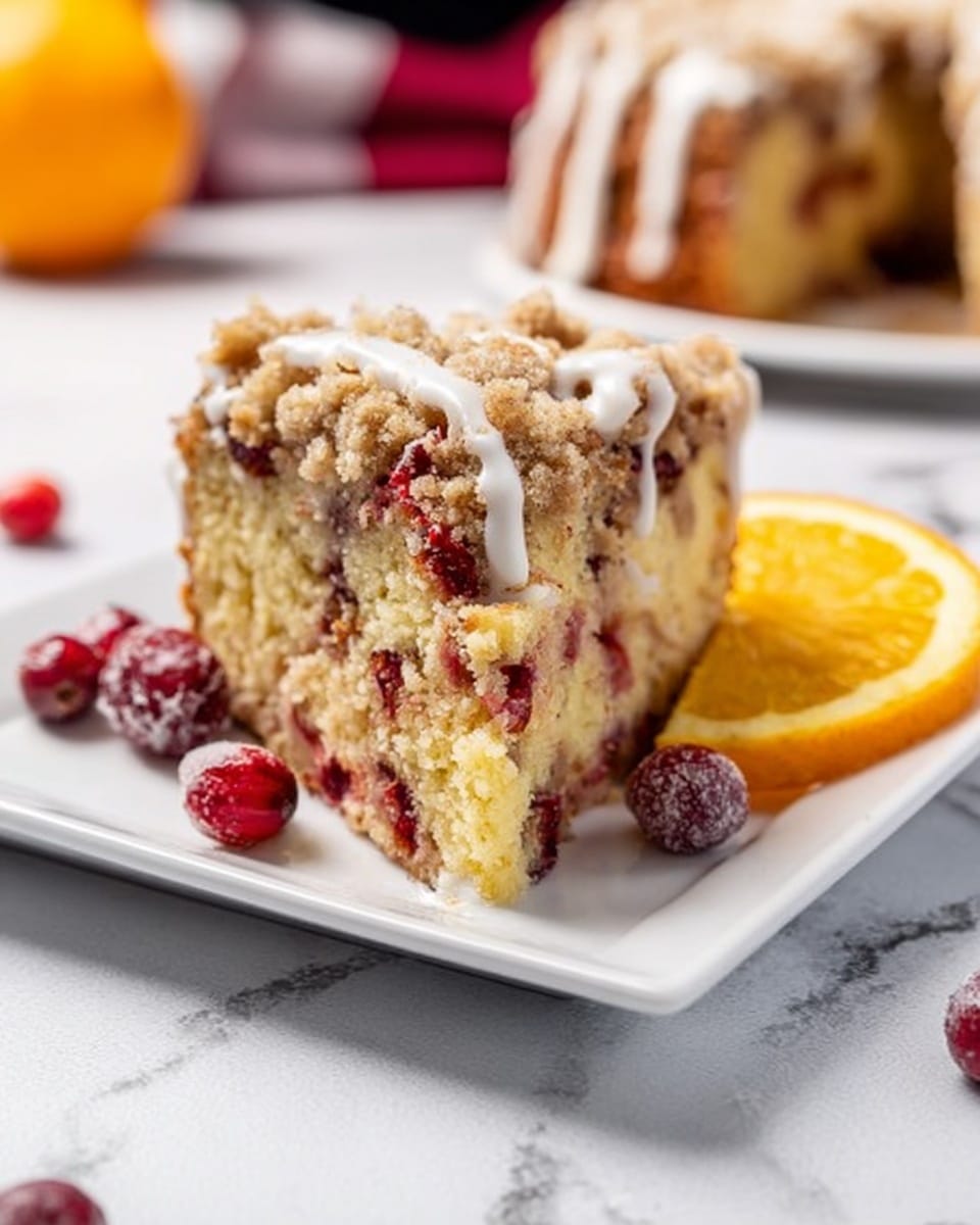 A close-up image shows a slice of crumb cake on a white square plate placed on a white marbled surface. The cake slice has two main layers: a moist, light yellow cake base mixed with red cranberries and chunks, and a thick crumbly brown streusel topping with a crunchy texture. White icing is drizzled unevenly over the top and sides of the crumb topping. A few small whole cranberries and an orange slice rest beside the plate, with a blurred second cake slice in the background. The scene is bright and clear. photo taken with an iphone --ar 4:5 --v 7
