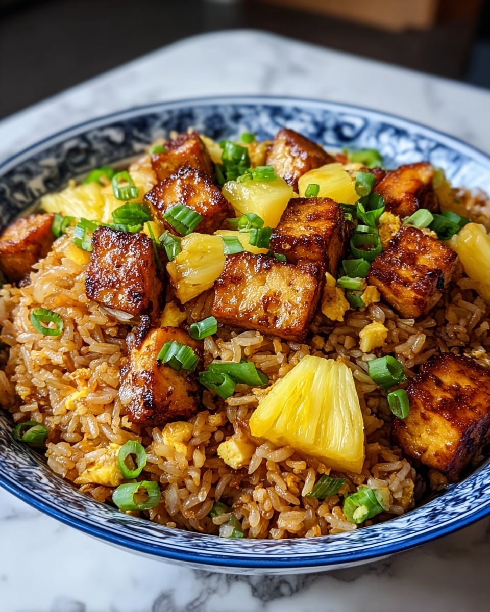 A blue and white patterned bowl filled with fried rice sits on a white marbled surface. The fried rice has three main layers: a base of golden-brown rice grains coated with soy sauce, mixed with small bits of yellow scrambled egg; on top, golden-brown crispy tofu cubes with a slightly charred texture; lastly, bright yellow pineapple chunks and chopped green onions sprinkled over the top, adding fresh color and contrast. photo taken with an iphone --ar 4:5 --v 7