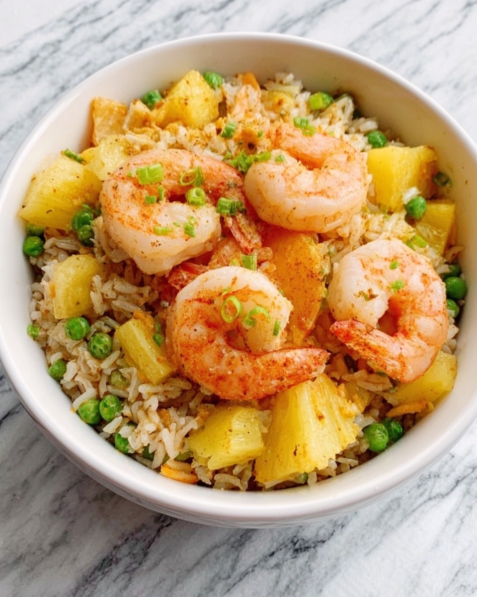 A white bowl filled with a mixture of rice and small green peas at the bottom layer, topped with chunks of yellow pineapple evenly spread throughout. Several cooked shrimp with pinkish-orange shells are placed on top, some slightly curled, with a few small green garnishes scattered on the surface. The bowl sits on a white marbled texture surface. Photo taken with an iphone --ar 4:5 --v 7