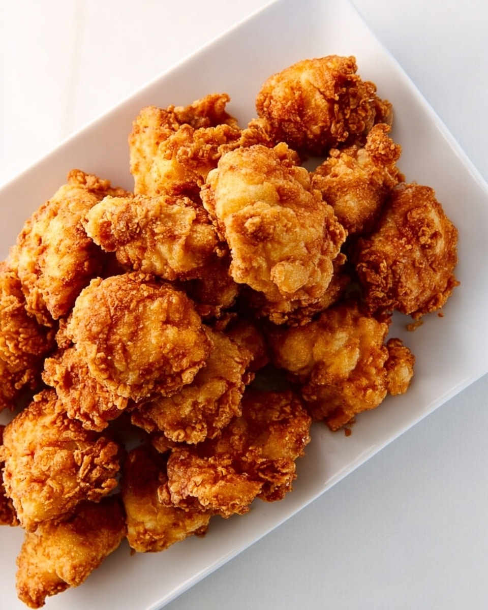 A white rectangular plate holds a pile of crispy, golden-brown fried chicken pieces. Each piece has a rough textured crust with various shades of light to darker brown, indicating a crunchy and well-fried exterior. The chicken pieces are irregular in shape and stacked closely together, covering almost the entire plate. The background is a clean white marbled surface, making the warm tones of the fried chicken stand out. photo taken with an iphone --ar 4:5 --v 7