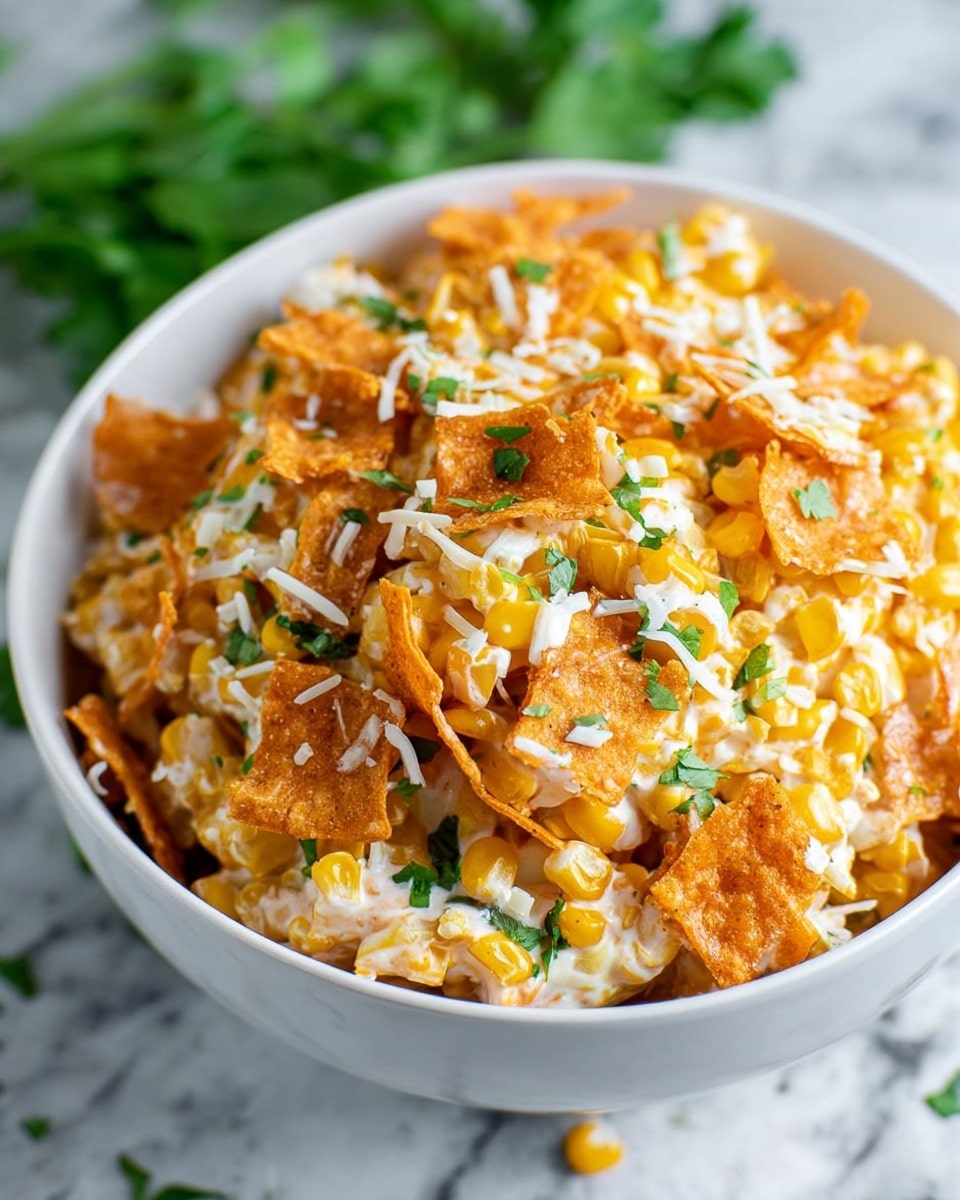 The image shows a white bowl filled with a mixed dish made of different layers. The base layer has golden-yellow corn kernels mixed with creamy white sauce. On top of this, there are broken orange chips or crackers that add a crunchy texture and a rich color contrast. Scattered throughout the dish are shredded white cheese pieces melting slightly into the sauce and chips. Small green leaves, likely fresh herbs, are sprinkled on top and around the layers for added color and freshness. The bowl sits on a white marbled surface with some out-of-focus green leaves in the background, giving the dish a fresh and appetizing look. photo taken with an iphone --ar 4:5 --v 7