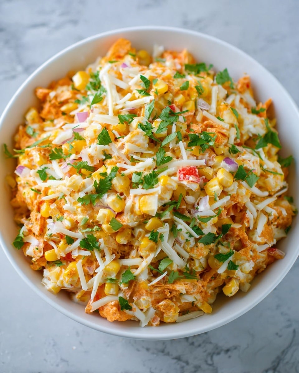A white bowl filled with a colorful layered salad that includes bright orange crunchy pieces mixed with yellow corn kernels as the bottom layer, topped with shredded white cheese and small bits of red and white ingredients, possibly onions or peppers, and garnished with fresh green parsley leaves scattered on top. The texture looks creamy and crunchy with a mix of soft and crisp elements, set on a white marbled surface. photo taken with an iphone --ar 4:5 --v 7
