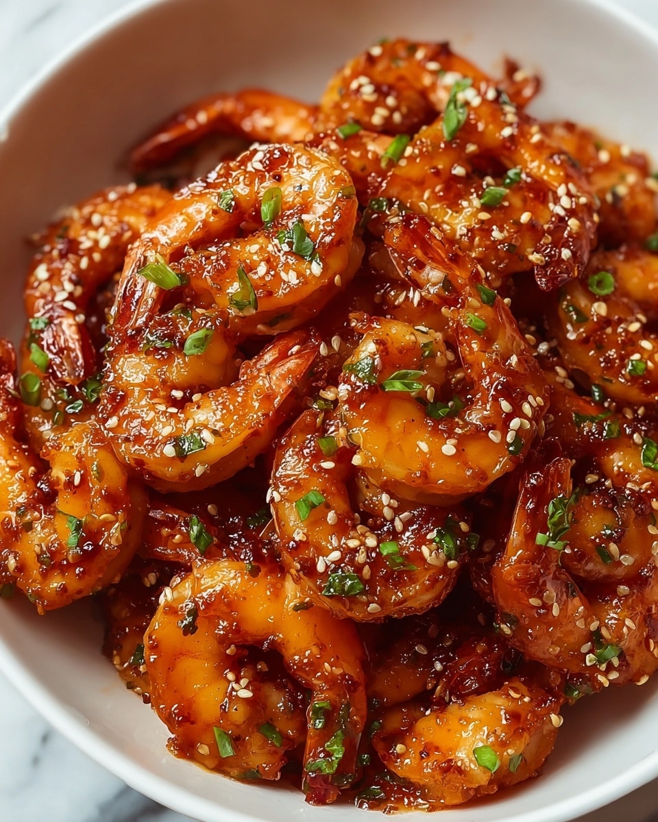 A close-up view of a bowl filled with cooked shrimp coated in a glossy, reddish-brown sauce, giving the shrimp a shiny, slightly sticky texture; the shrimp are arranged in a heaping pile, each piece covered with sesame seeds and small green chopped herbs scattered evenly on top. The bowl is white and sits against a white marbled surface. The shrimp have a rich orange color with darker spots where the sauce has caramelized, creating a textured look. photo taken with an iphone --ar 4:5 --v 7