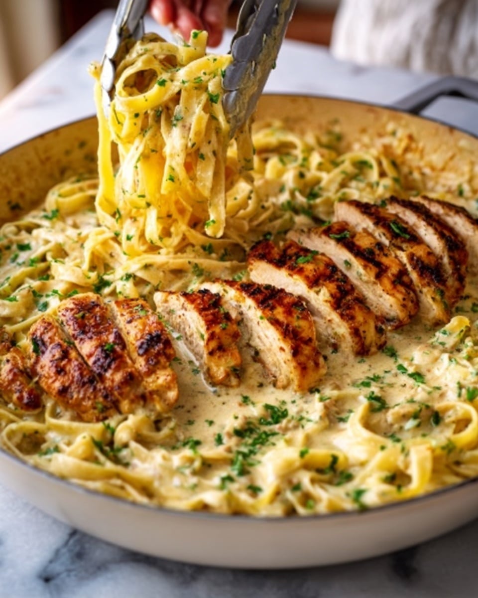 A white plate holds a dish with two main layers. The bottom layer is creamy spaghetti coated in a light yellow sauce with small green herb pieces mixed in. Scattered bits of bright red tomato add color near the edges. On top, there are several pieces of grilled chicken, golden brown with char marks and sprinkled with chopped green herbs. The chicken looks juicy and stacked neatly over the pasta. The background is a wooden table surface softly blurred. photo taken with an iphone --ar 4:5 --v 7