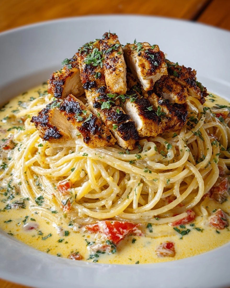 The image shows a white round pan filled with creamy fettuccine pasta topped with sliced grilled chicken breasts. The bottom layer is the fettuccine pasta coated in a smooth, light cream sauce with green parsley sprinkled evenly over it. On top, there are two rows of golden brown grilled chicken pieces with grill marks, placed side by side. A woman's hand holding tongs lifts a small bunch of fettuccine noodles from the pan, revealing the creamy sauce clinging to the pasta strands. The background surface is a white marbled texture. Photo taken with an iphone --ar 4:5 --v 7