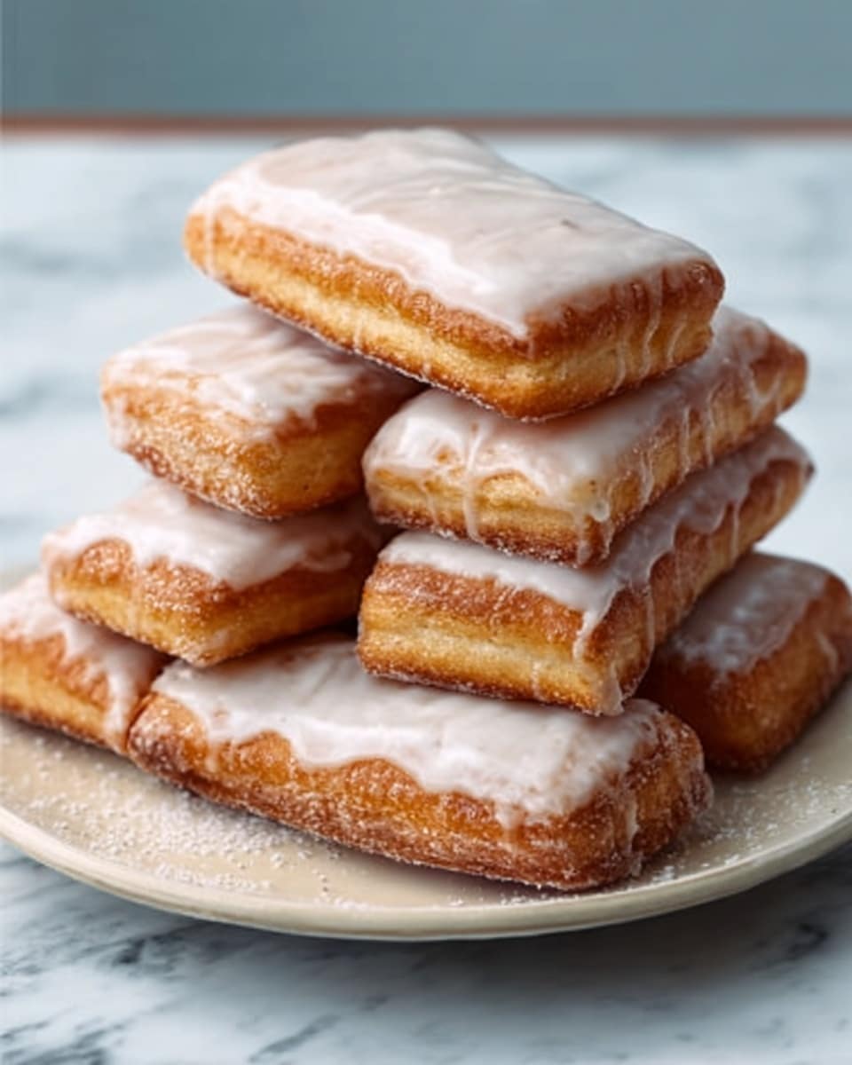 A white plate holds a stack of seven rectangular, golden-brown glazed pastries. Each pastry has one thick layer with a smooth white icing covering the top. The edges of the pastries are slightly rough, showing a crispy texture. The background is a white marbled surface, creating a clean contrast with the warm tones of the pastries. photo taken with an iphone --ar 4:5 --v 7