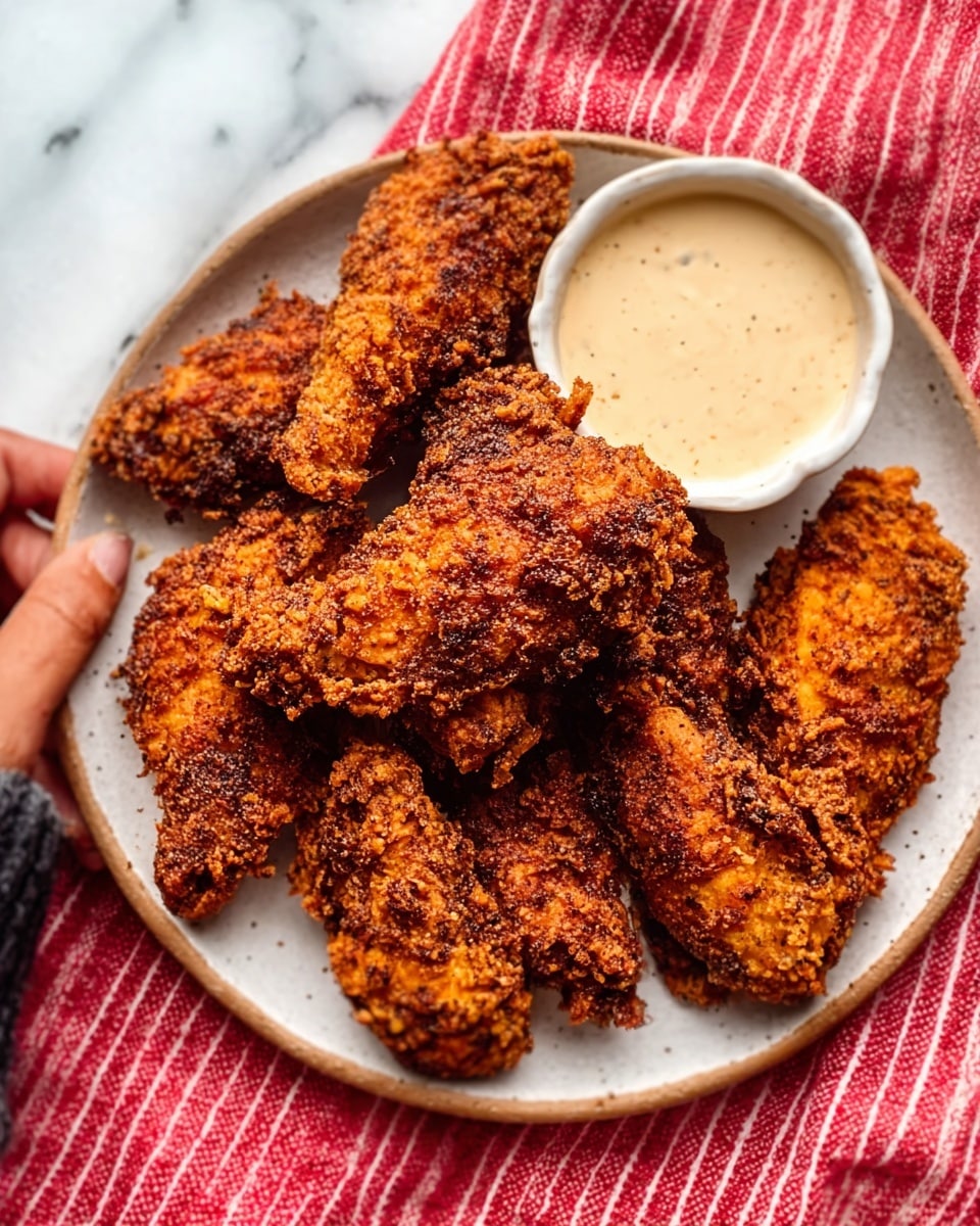 The image shows a white round plate filled with several pieces of crispy fried chicken, each piece dark golden brown with a crunchy, textured crust. Next to the chicken on the plate is a small white bowl containing a creamy dipping sauce with a smooth texture. The plate is placed on a white marbled surface, and a red striped cloth is partially visible underneath the plate. A woman's hand is reaching toward the chicken from the left side of the image. photo taken with an iphone --ar 4:5 --v 7