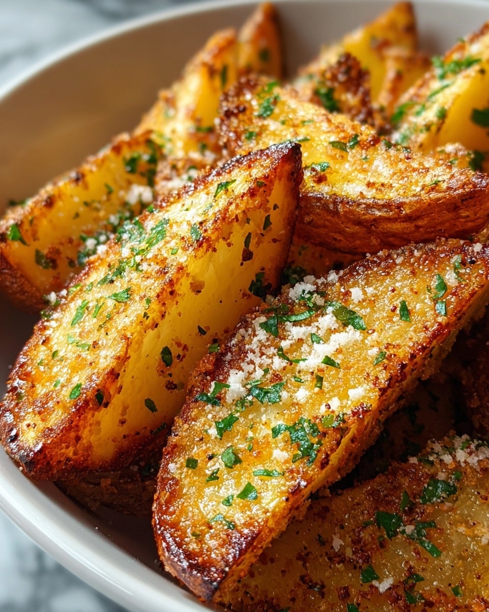 This image shows close-up golden-brown potato wedges with a crispy texture, sprinkled with finely chopped green herbs and white grated cheese on the surface. The wedges are stacked together in a white bowl, with the crispy skin edges visible and the soft, yellow inside showing. The overall look is crunchy with flecks of seasoning on a white marbled texture. photo taken with an iphone --ar 4:5 --v 7