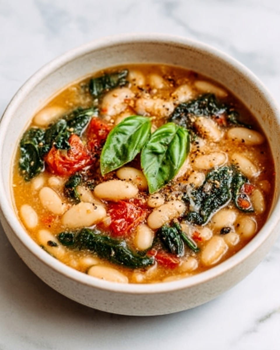 The image shows a bowl of thick soup with layers of white beans, green spinach, and small red tomato pieces in a light brown broth. The soup is topped with a few fresh green basil leaves and a sprinkle of black pepper. The bowl is white with a simple design, placed on a white marbled surface. The textures of the beans look soft and smooth, the spinach is slightly wilted but fresh, and the broth has a slight shine showing warmth. Photo taken with an iphone --ar 4:5 --v 7