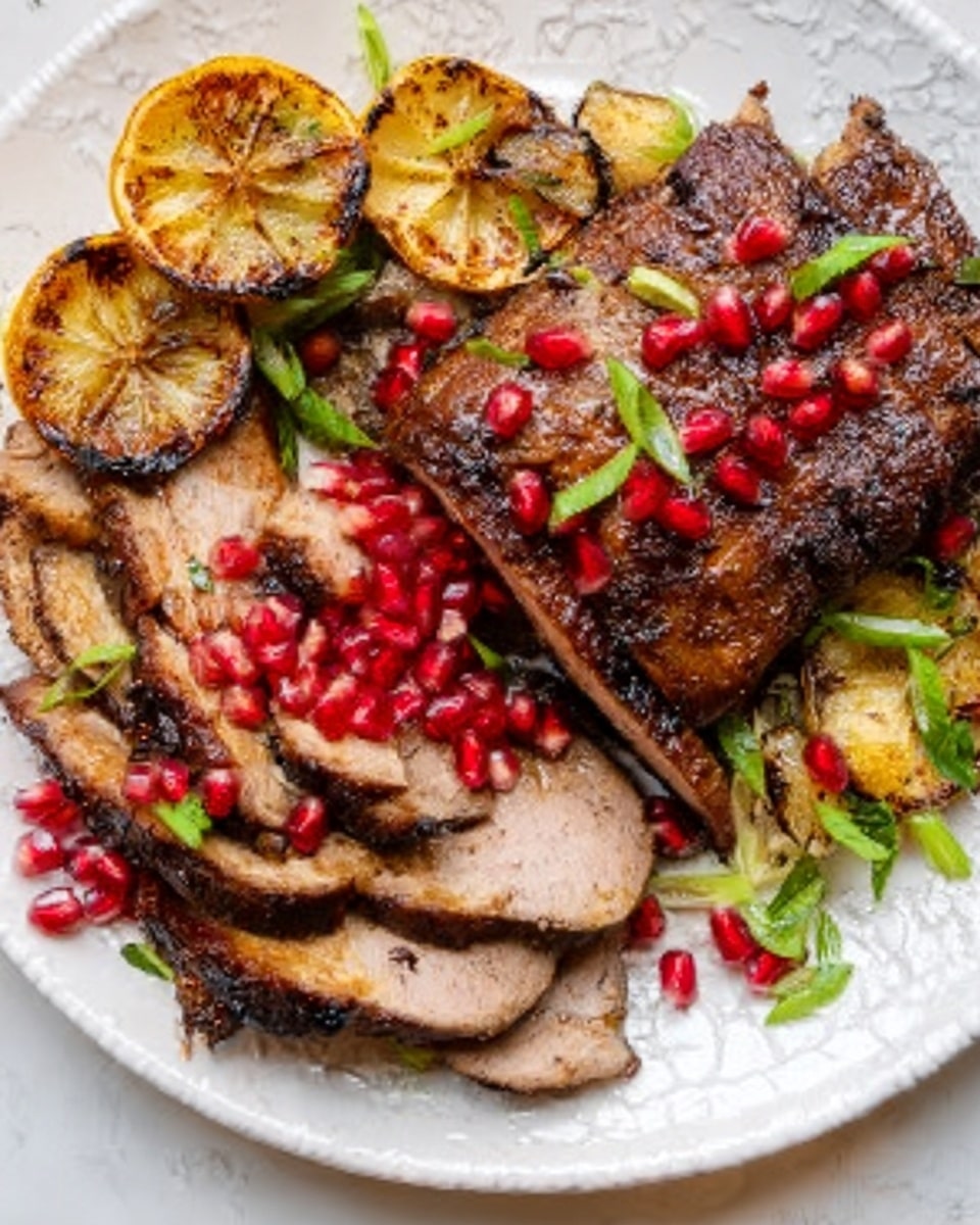 The image shows a white plate on a white marbled surface, with several layers of food arranged neatly. There are thick slices of cooked meat with a brown, slightly crispy outer layer, topped with bright red pomegranate seeds scattered across the meat. Thinly sliced meat pieces are placed next to the thicker ones, showing a tender and juicy texture with a slight pinkish-brown color inside. Charred lemon halves with golden-brown grill marks sit on the plate's edge. Fresh green herbs and thin green onion slices add a pop of color, scattered lightly over the meat and around the plate. Photo taken with an iphone --ar 4:5 --v 7